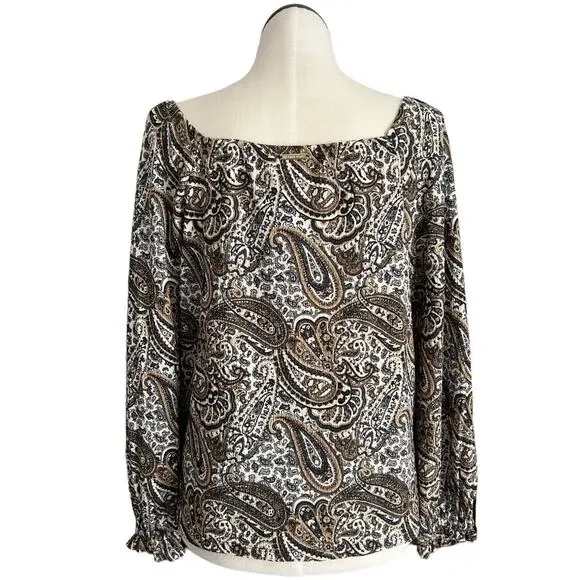 Michael Kors Womens Size 2X Blouse Paisley Print Long Sleeve Husk Tan Cream NWT - Picture 2 of 10